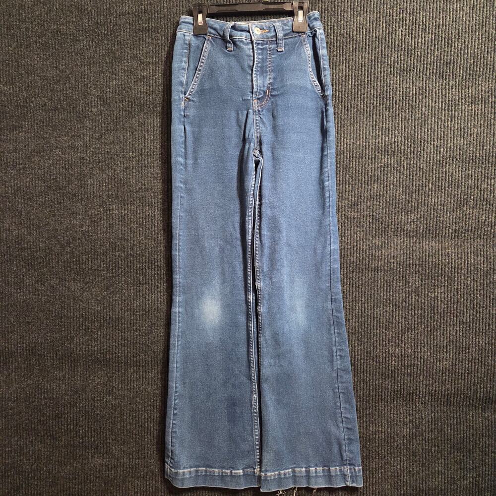 Old Navy Extra High Rise Flare Trouser Jeans Womens Size 0 Blue Stretch Wide Hem